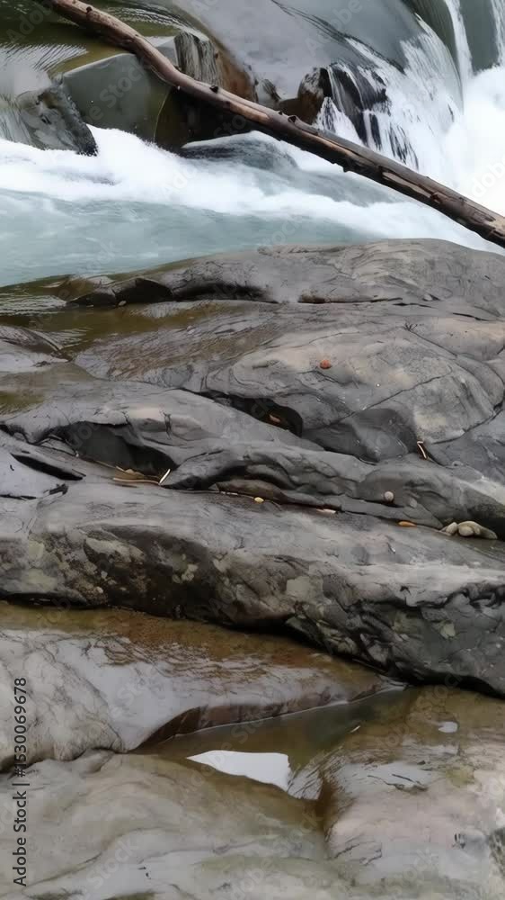 Poster fast river water flowing over rocks and a fallen log creating waterfalls in natural environment.