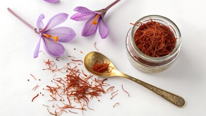 Saffron threads with crocus flowers, glass jar, and vintage spoon on white background. Concept of premium spice, gourmet cooking, herbal medicine, and organic luxury ingredients.