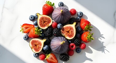 Colorful assortment of fresh figs, strawberries, blueberries, raspberries, and blackberries on white marble background. Concept of healthy eating, organic food, antioxidants, and summer fruits.