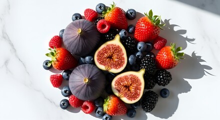 Colorful assortment of fresh figs, strawberries, blueberries, raspberries, and blackberries on white marble background. Concept of healthy eating, organic food, antioxidants, and summer fruits.