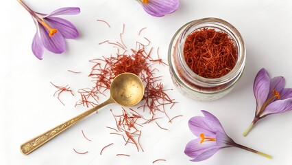 Saffron threads with crocus flowers, glass jar, and vintage spoon on white background. Concept of premium spice, gourmet cooking, herbal medicine, and organic luxury ingredients.