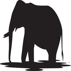 Silhouette of an elephant standing in water against a white background in a simple illustration