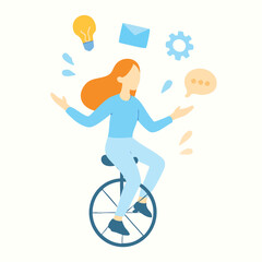Flat Style Young Woman Balancing on Unicycle with Business Items Illustration
