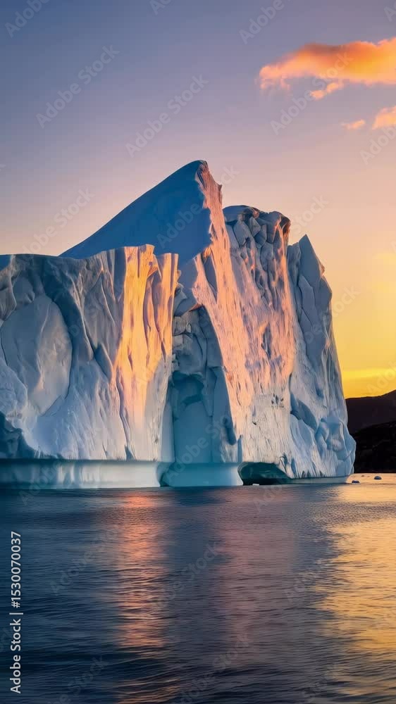 Aufkleber gigantic iceberg floating in calm ocean waters illuminated by the warm glow of the setting sun durin