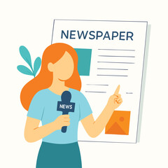 Minimalist Female Journalist Reporting News with Microphone and Newspaper Illustration