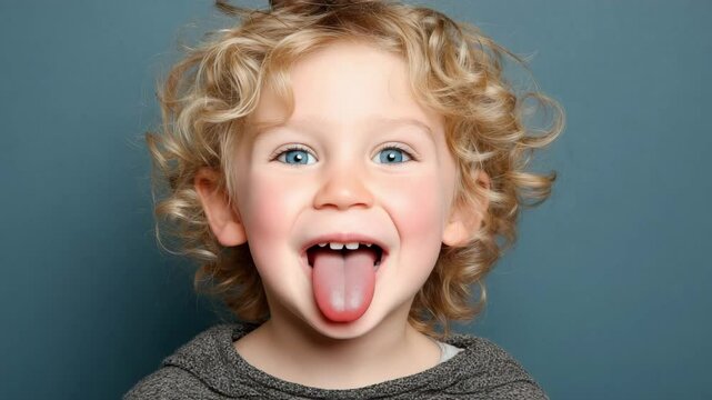 A curly-haired caucasian boy sticks out his tongue with wide blue eyes in a playful closeup. Concept of childhood mischief and carefree joy.