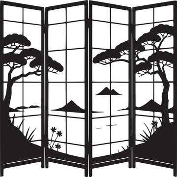 Silhouette of a four panel folding screen with a landscape design of trees and mountains on a white background