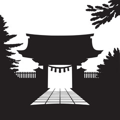 Silhouette of a traditional japanese gate with pathway and trees in a minimalist black and white style