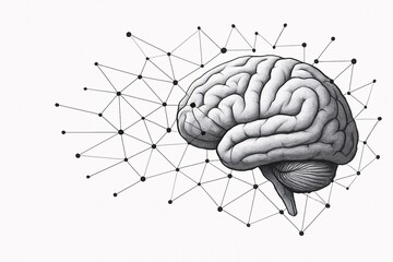 Minimalist black and white illustration of a human brain with connected neural network nodes, symbolizing artificial intelligence, thinking, machine learning, and data science

