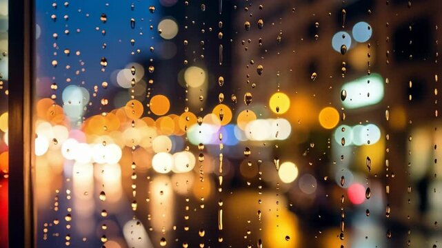 Raindrops on glass with blurred urban lights creating a bokeh background during evening time, creating an atmospheric mood.