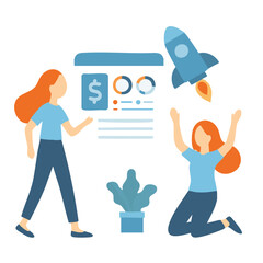 Flat Illustration Startup Business Launching Rocket with Positive Data Analyst