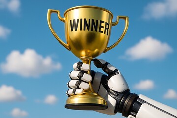 Golden trophy held by robotic hand with "WINNER" text, symbolizing artificial intelligence victory, innovation, and technological excellence against a bright sky background

