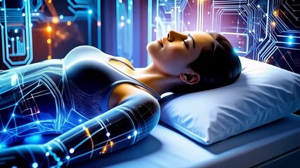 Female figure laying on bed with glowing technology circuit board overlay, representing futuristic healthcare and sleep therapy - Powered by Adobe