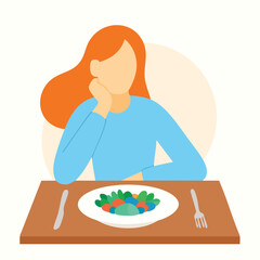 Flat Illustration of Woman at Table With Plate of Salad Meal