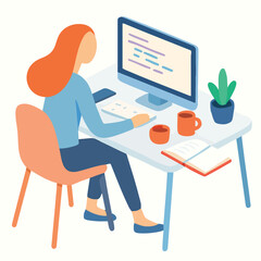 Minimalist Illustration Woman Coding at Desk with Computer and Plant