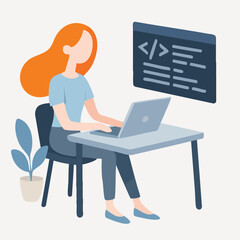 Flat Style Illustration of Young Woman Coding Using Laptop at Desk