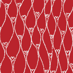 Abstract seamless pattern with hand drawn lines, waves, heartss. White chalk ornate on red background.