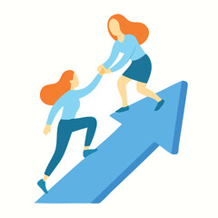 Flat Illustration Woman Helping Colleague Climb Arrow Sign Concept
