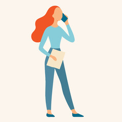 Flat Style Full Body Woman Talking on Smartphone Illustration