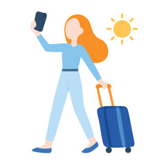 Flat Style Redhead Woman Tourist Walking with Luggage Illustration
