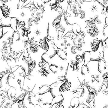 Seamless vintage-style patterns featuring mystical hand-drawn elements such as celestial bodies, flowers, mythical creatures, and sacred symbols. Perfect for textiles, packaging, branding, and spiritu