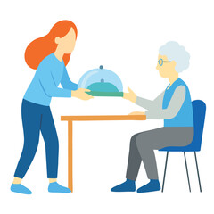 Flat Style Illustration Caregiver Serving Food to Senior Woman Cartoon