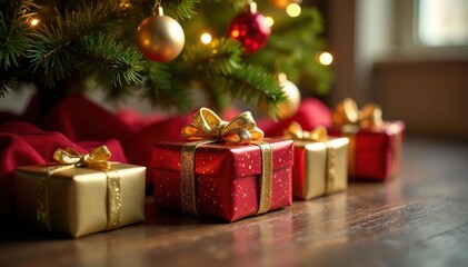 Gold-threaded gifts gleam beneath a decorated Christmas tree , tree, product, sparkle