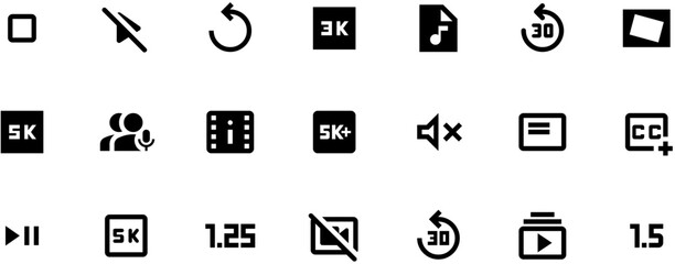 Black and white video player icons set with play button, film frame, user avatar, and media controls in 2D flat style.