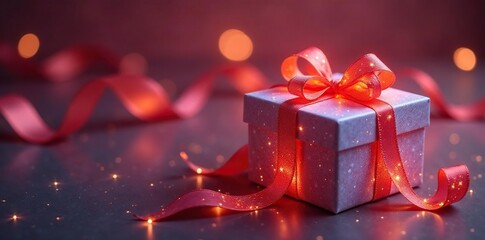 Intricate gift boxes, adorned with glowing silk ribbons; ethereal ambiance , luxury, festive