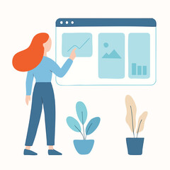 Flat Illustration Woman Analyzing Data on Screen with Plant Decoration