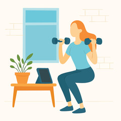Flat Illustration Woman Doing Dumbbell Squat Exercise At Home Interior