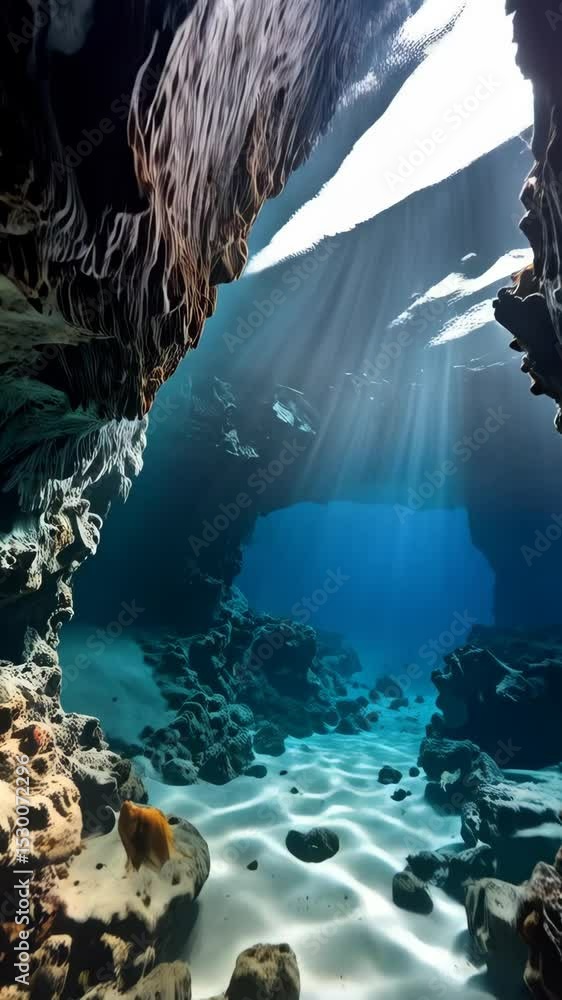 Aufkleber sunlight streams into an underwater cave, illuminating sandy seabed and rocky formations, creating a