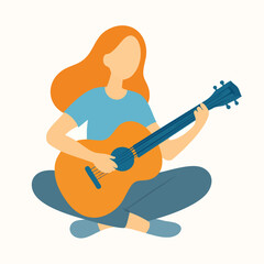 Flat Illustration Woman Playing Acoustic Guitar with Orange Hair Character