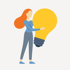Flat Style Girl Embracing a Light Bulb Representing a Bright Idea