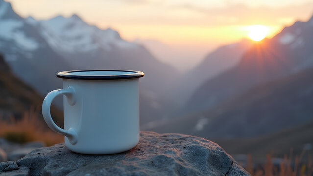 White enamel mug with a metal rim, placed on a large rock against a backdrop of snow-capped mountains with warm sunrise or sunset lightin - Adventure Beverage Concept
