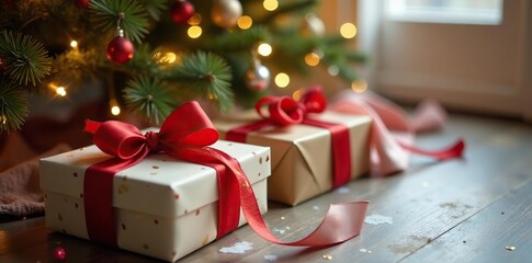 Simple wrapped gifts, satin ribbons, beneath Christmas tree, silver, modern, bow
