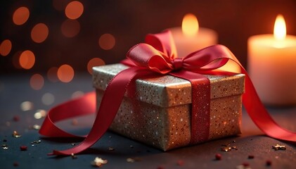 Gleaming gift, rich satin bows, candlelight ambiance , macro photography, festive, satin