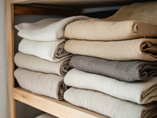 Folded Linen Fabrics on Wooden Shelf Displaying Neutral Earth Tone Colors
