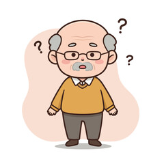 Elderly man looking confused with raised eyebrows on neutral background  
