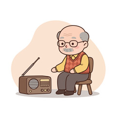 Elderly man sitting by radio and listening in a cozy interior  
