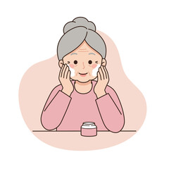Elderly woman applying face cream while smiling at a table  