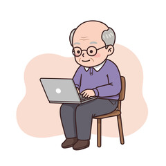 Elderly man using laptop while sitting on a chair in a cozy setting  
