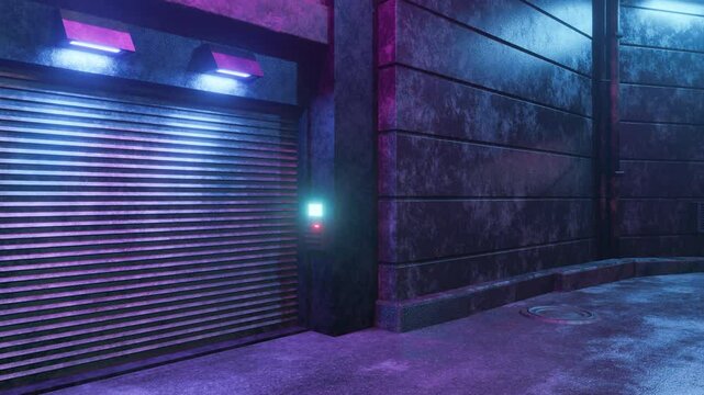 Cyberpunk-themed urban alleyway viewed from the left angle, featuring vibrant neon lights, industrial textures, and a reflective wet surface. Ideal for sci-fi projects, motion graphics, and immersive 