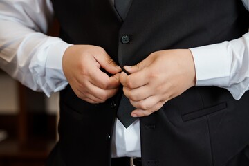 Obraz premium Groom Adjusting Vest Before Wedding Ceremony, Black Suit, White Shirt, Formal Attire, Elegant, Getting Ready, Handsome Man, Close-up Shot.