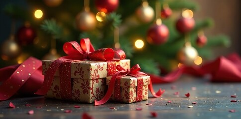 Ornate gift boxes shimmer, Christmas tree backdrop , photo, boxes
