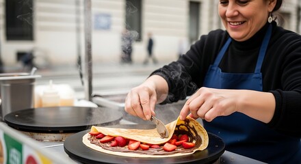 Woman making a crepe with strawberries and chocolate on a hot plate outside