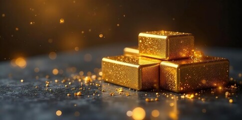Soft light illuminates gold-threaded luxury parcels , wrap, celebration, holiday