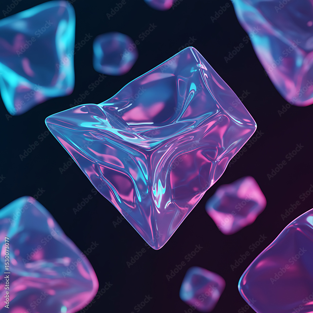 Poster abstract 3d rendering of floating, distorted glassy cubes with vibrant pink and blue neon reflection