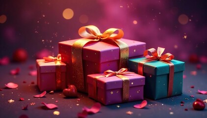 Vibrant gift boxes, gold accents, mystical glow, holiday, fairytale