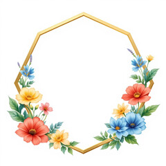 Charming hexagonal golden frame embellished with vibrant and whimsical watercolor wildflowers
